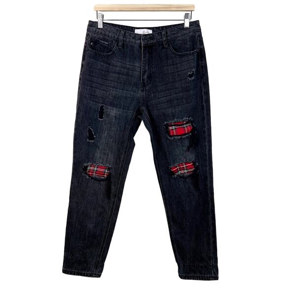 KanCan Women's Peek-A-Boo Plaid Black Distressed Straight Fit Jeans Size 29 - Picture 1 of 9